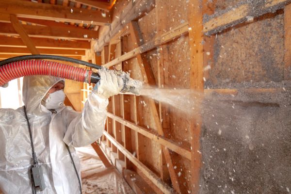 Spray insulation being installed in a home by a professional in protective gear.