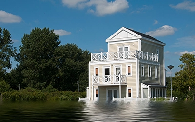 A Georgia home surrounded by trees experiencing high flood waters.