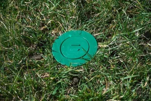 Active pest control installation of a termite bait station in grass, placed in an effort to combat Atlanta residents termites.