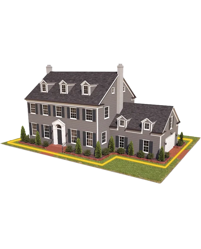 Residential home with a yellow line around the perimeter illustrating a barrier