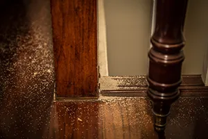 A wooden pillar in a home with a pile of saw dust at the base