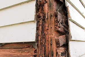 Termite wood damage to a wooden frame outside a house
