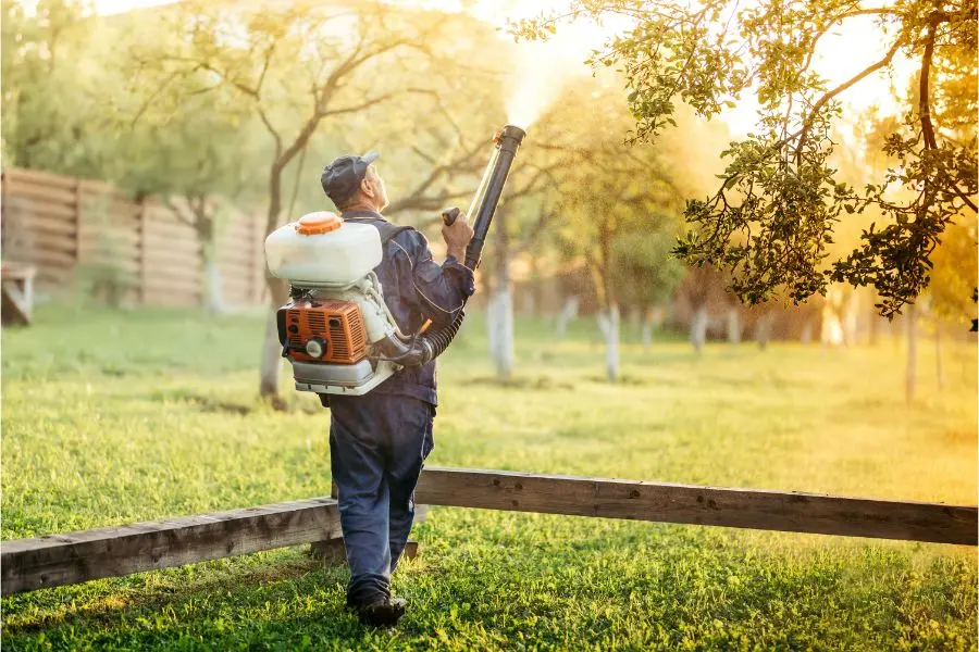 Man holding an extinguisher, preparing for pest extermination.