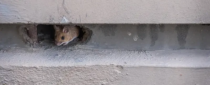 Close-up of a mouse peeking out from a small hole in a concrete wall, illustrating common entry points for pests. Protect your home from unwanted visitors—contact Active Pest Control today!