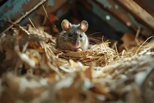 A gray mouse nesting in a house attic, surrounded by shredded materials