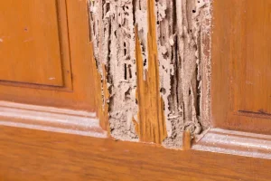 Termite damage on a kitchen cupboard.