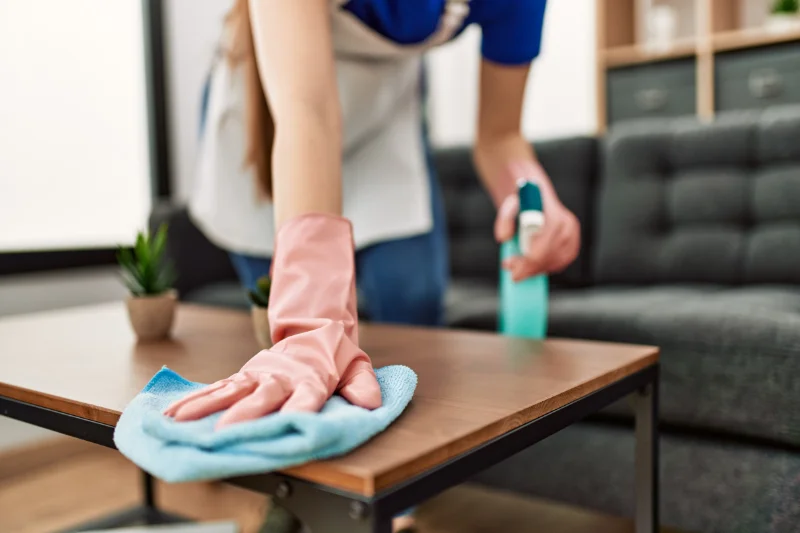 A Georgia homeowner wiping down their coffee table after spraying it with cleaning solution