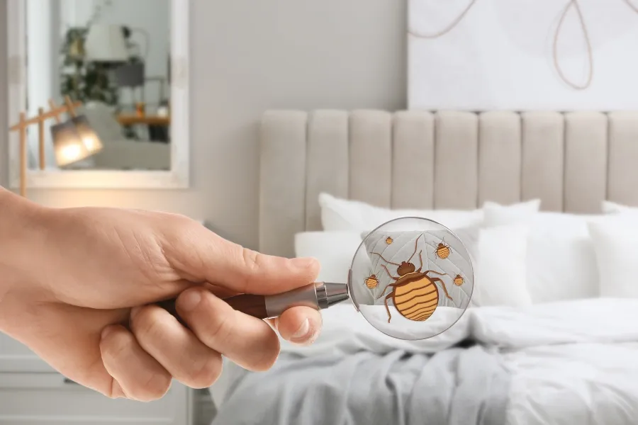 A hand holding a magnifying glass that reveals an illustration of bed bugs crawling on the pillows of a bed.