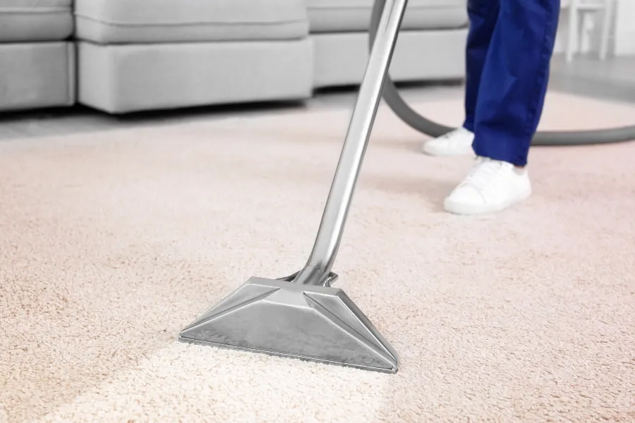 A professional cleaner using a heavy-duty steam cleaning wand to treat a light-colored carpet in a living room.