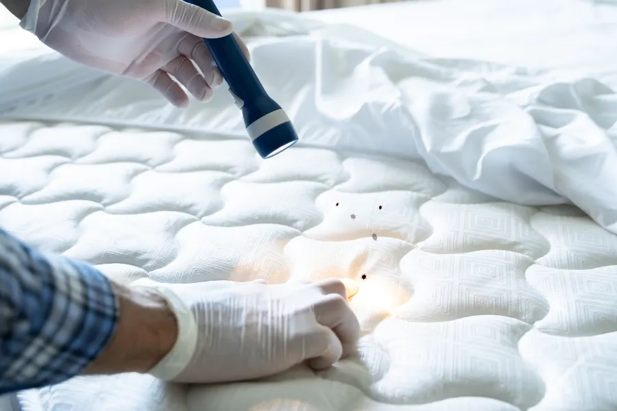 A person wearing protective gloves using a flashlight to inspect the seams of a white mattress for signs of a bed bug infestation.