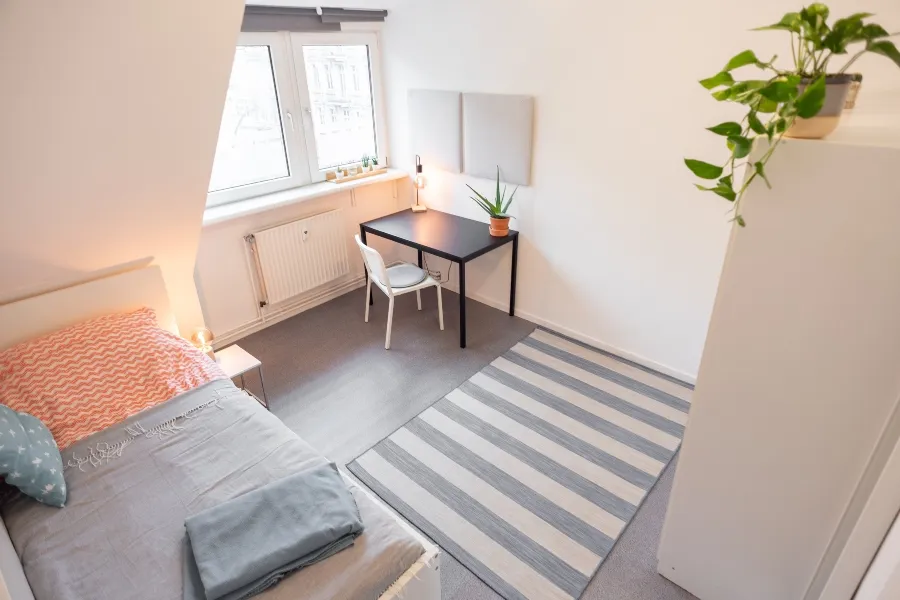 A bright, tidy college dorm room featuring a single bed, a black desk with a chair, and a striped area rug.