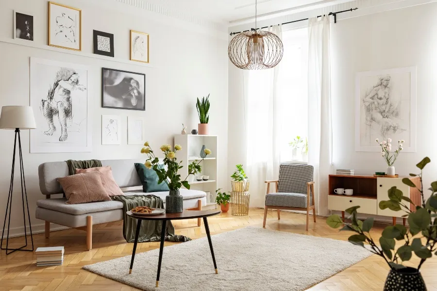 A well-lit, modern apartment living room decorated with a grey sofa, wooden furniture, and potted plants.